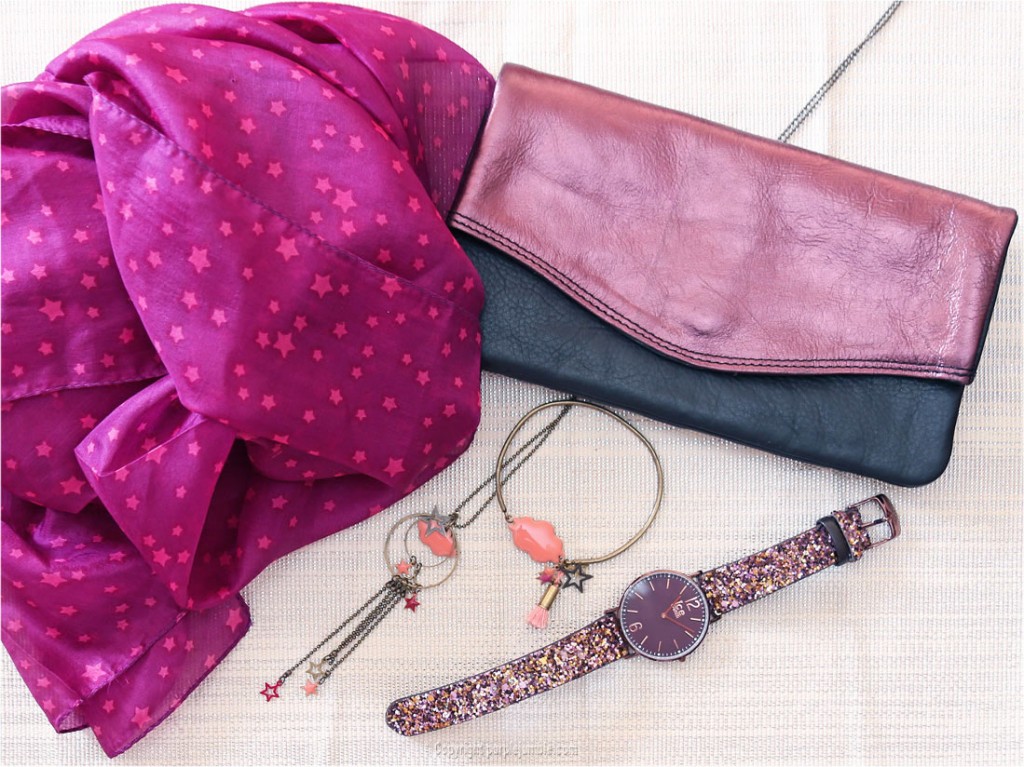 purple foulard montre pochette bijoux